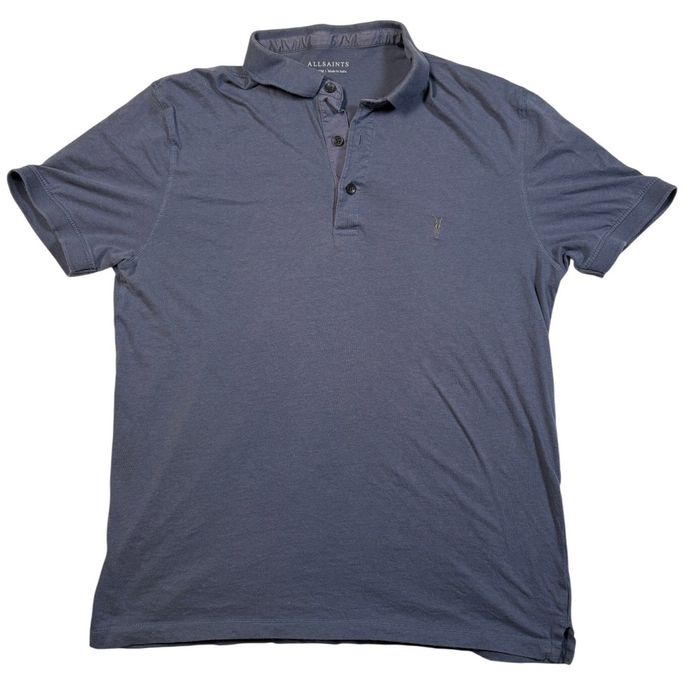 AllSaints Mens Blue Gray Ramskull Short Sleeve Polo Shirt Medium Slim Fit